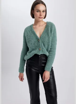 Oversize V Neck Buttoned Fluffy Cardigan