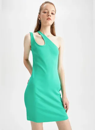 Woman Bodycon One Shoulder Short Sleeve Knitted Dress