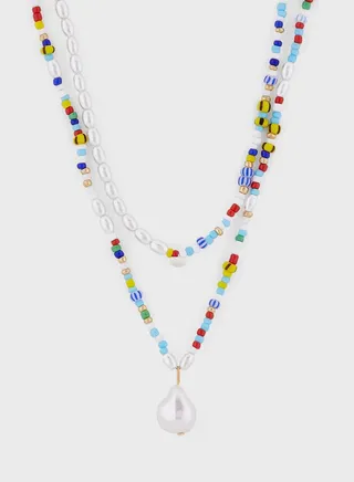 Layered Beaded Pearl Pendant Necklace