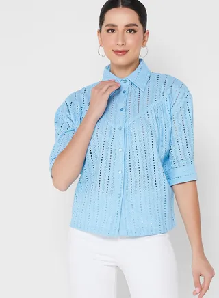 Eyelet Detail Puff Sleeve Top