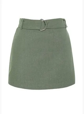 Khaki Belted Mini Woven Linen Blend Shorts Skirt