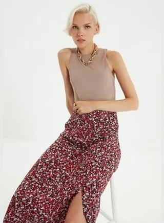 Multicolored Slit Detail Floral Patterned Viscose Woven Midi Skirt
