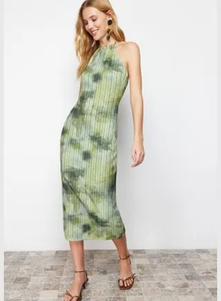 Khaki Special Textured Maxi Halter Neck Fitted Midi Knitted Dress TWOSS23EL02406