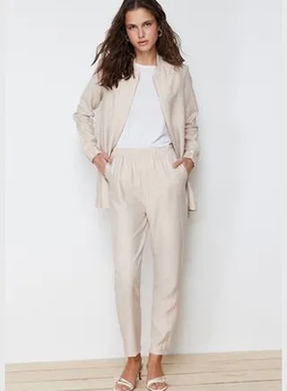 Beige Linen Look Woven Trousers Tunic Bottom Top Set TCTSS24US00016
