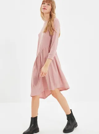 Crew Neck Asymmetric Shirred Dress