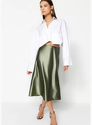 Green Premium Satin A-Line/Awning Formal Midi Knit Skirt TWOAW24ET00088