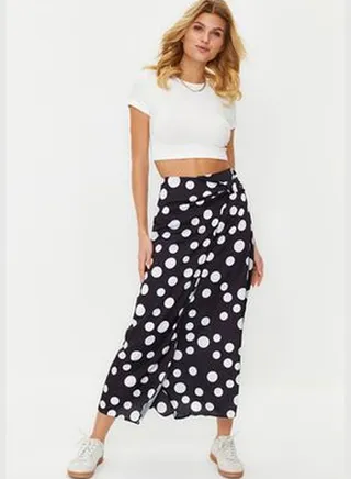 Black Polka Dot Satin Maxi Length Woven Skirt TWOSS24ET00005