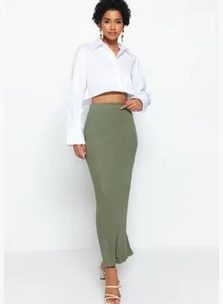 Khaki Maxi High Waist Elastic Knitted Skirt TWOSS23ET00372