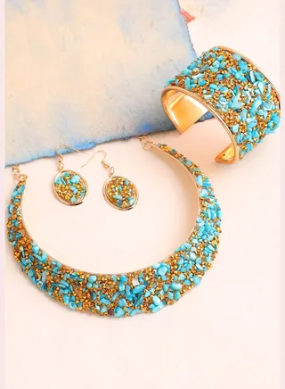 Gold Plated Party Designer Stone Necklace and Earring Set For Women