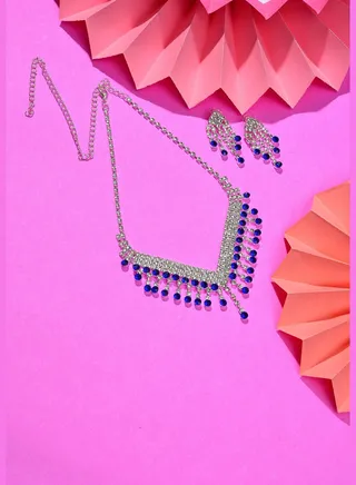 Silver Plated Designer Stone Necklace and Earring Set