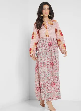 Button Detail Printed Jalabiya