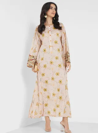 Button Detail Side Slit Printed Jalabiya