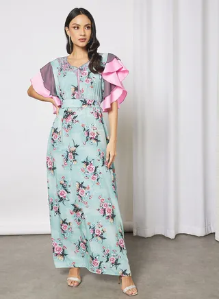 Floral Jalabiya Short Sleeves With Belt