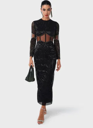 Corset Waist Sequin Detail Dress