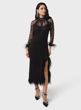 Feather Detailed Lace Detail Dress