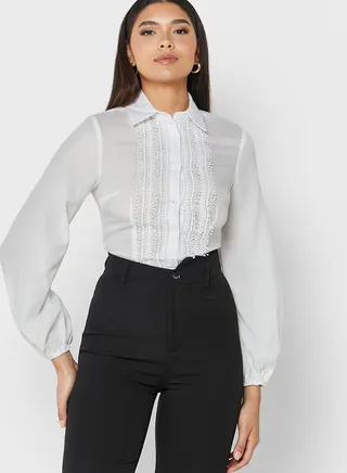Lace Trim Detail Puff Sleeve Blouse