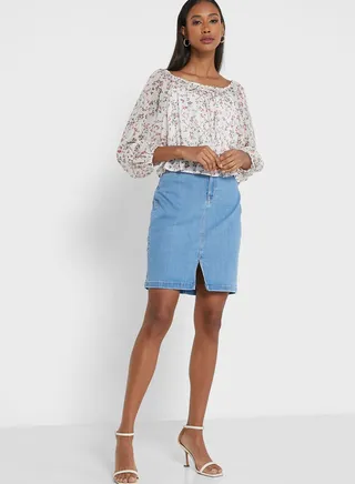 Button Detail High Waist Denim Skirt