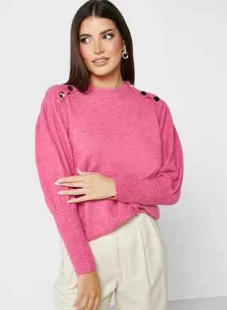 Button Detail Puff Sleeve Sweater