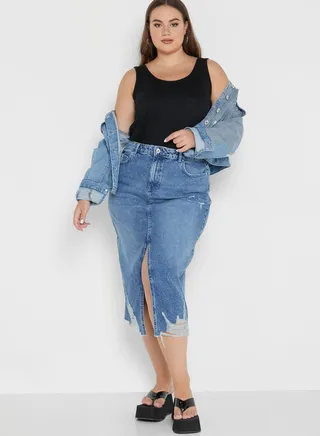 Front Split Distressed Hem Skirt
