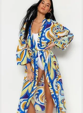 Abstract Pattern Belted Midi Woven Kimono & Kaftan 100% Cotton With Tassels TBESS21KM0020