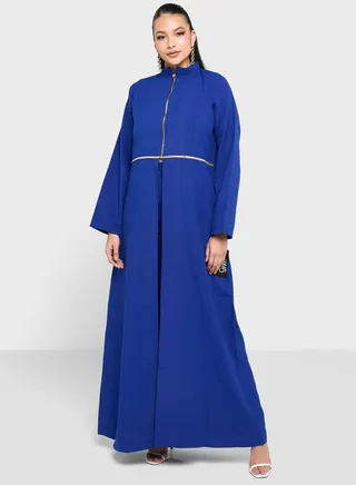 Zip Neck Front Slit Abaya Set