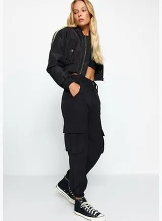 Black Woven Cargo Trousers with Pocket TWOAW24PL00234
