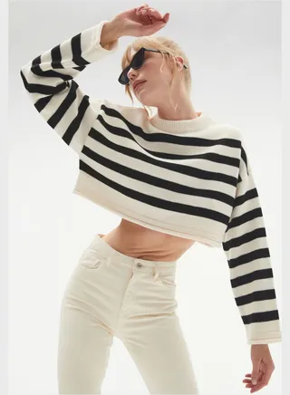 Crew Neck Striped Crop Sweater