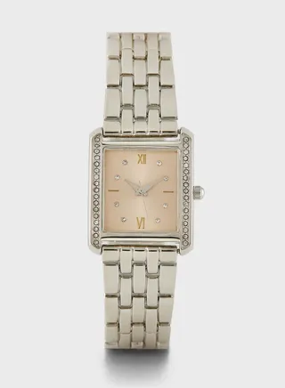 Rhinestone Square Dial Metal Strap Analogue Watch