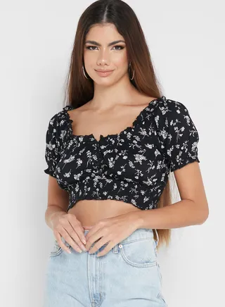 Printed Puff Sleeve Crop Top