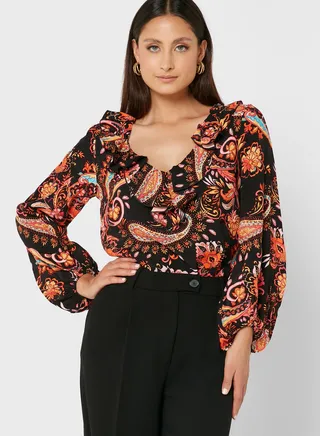 Printed Balloon Sleeve Top