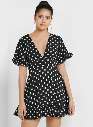 Plunge Neck Ruffle Detail Dress