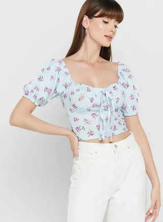 Puff Sleeve Floral Print Crop Top