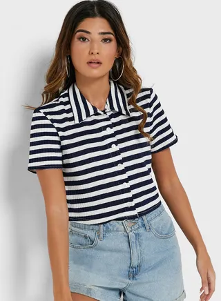 Button Detail Striped Crop Top