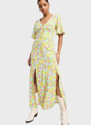 Button Detail Printed Dress