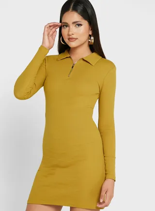 Ribbed Polo Neck Zip Detail Dress