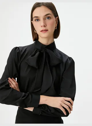 Shawl Neck Long Sleeve Regular Fit Blouse