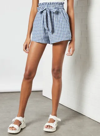 Checkered Waist Tie Shorts Blue