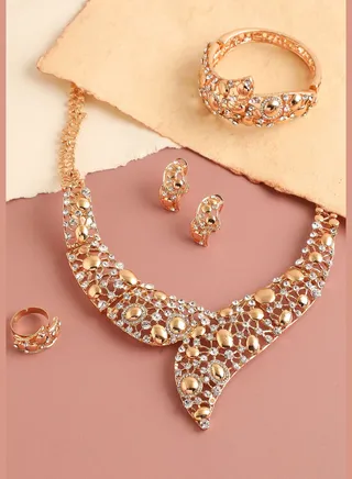 Gold Plated Designer Stone Necklace, Earring, Ring and Bracelet Set
