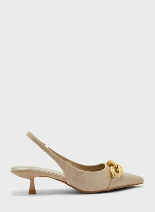 Chunky Chain-Embellished Slingback Mid Heel Pumps
