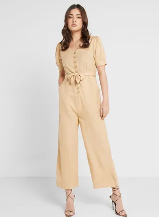 Button Detail Belted Jumpsuit