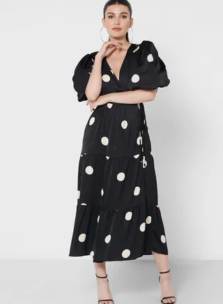 Puff Sleeve Polka Dot Tie Detail Dress
