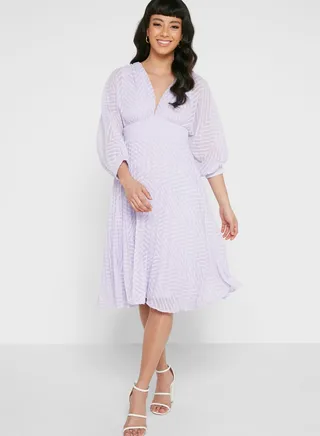 Plunge Neck Mesh Detail Pleated Dress