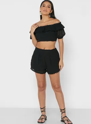 Bardot Lace Trim Crop Top & Shorts Set
