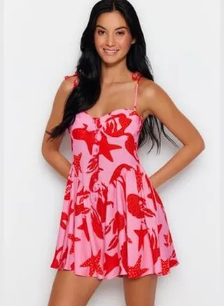 Underwater Patterned Woven Ruffled Playsuit TBESS23TU00022