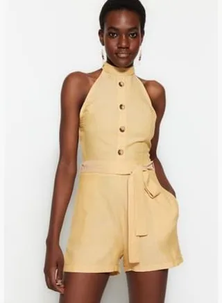 Mink Belted Mini Jumpsuit with Woven Buttons TWOSS23TU00054