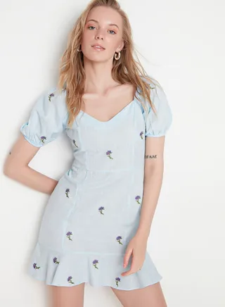Embroidered Ruffle Hem Dress