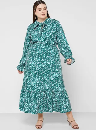 Neck Tie Detail Printed Dress