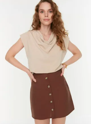 High Waist Button Detail Skirt