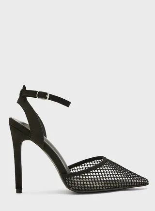 Pointed Ankle Strap Mesh Stiletto