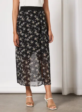 Floral Print Midi Skirt Black